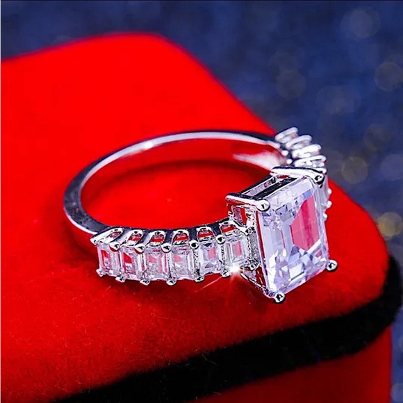 Sterling Silver Princess Cut Halo Baguette Diamond Ring - Picture 5 of 6